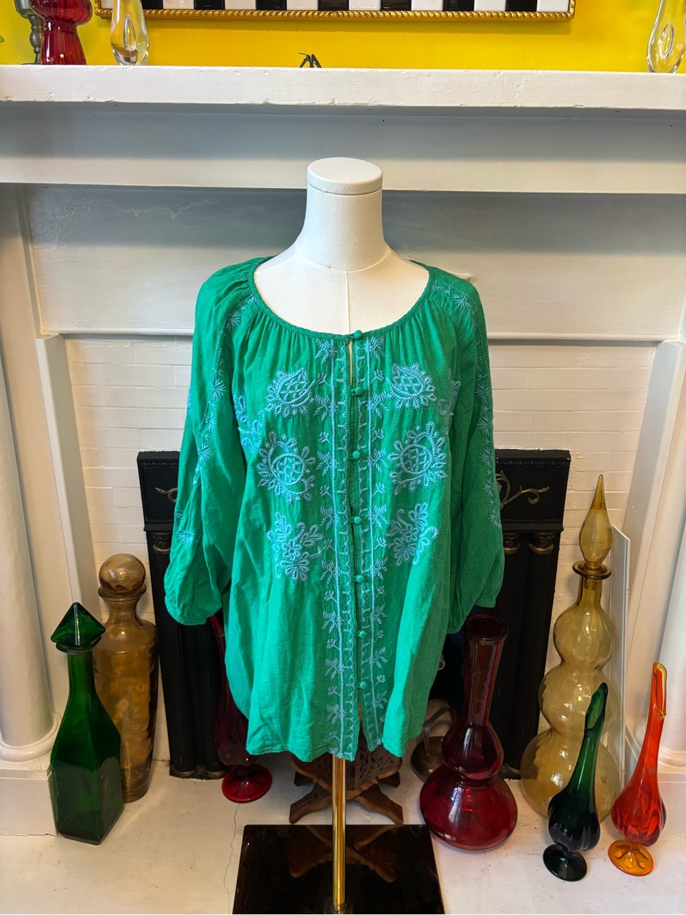 J. Jill Green Embroidered Peasant Blouse